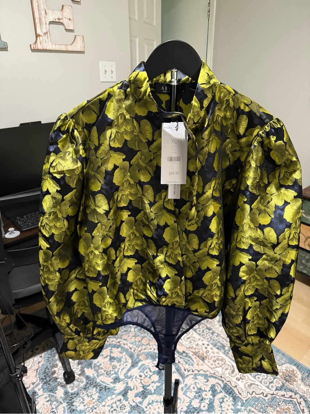 AKIRA Navy and Lime Green Floral Jacquard Puff-Sleeve bodysuit ….fits like a m/l